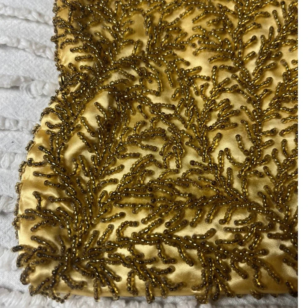 Vintage Gold‎ Hand Beaded Satin Evening Bag Kiss Lock Clutch Hong Kong Made